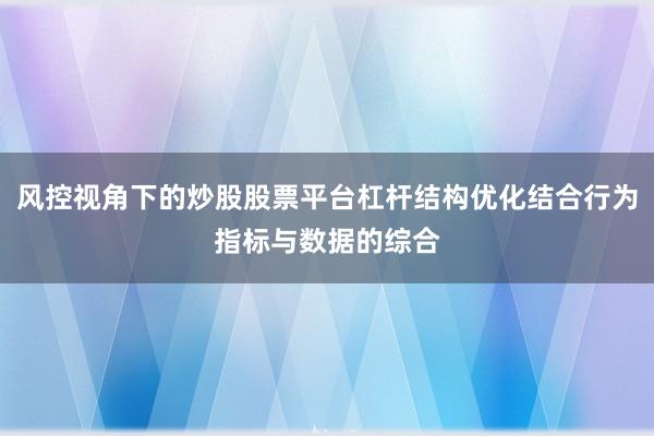 风控视角下的炒股股票平台杠杆结构优化结合行为指标与数据的综合